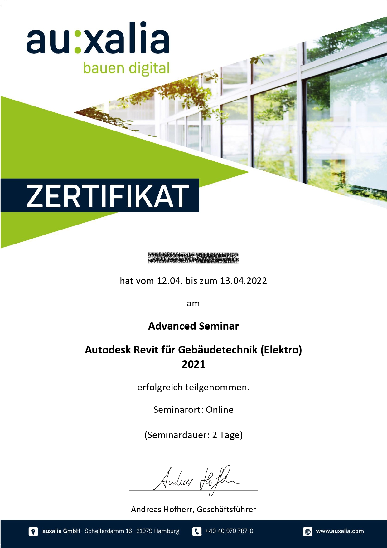 sineplan - Zertifikat Auxalia 2022 Autodesk Revit fuer Gebaeudetechnik Advanced